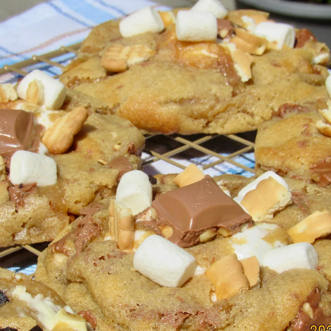 S'mores cookies up close on the cooling rack