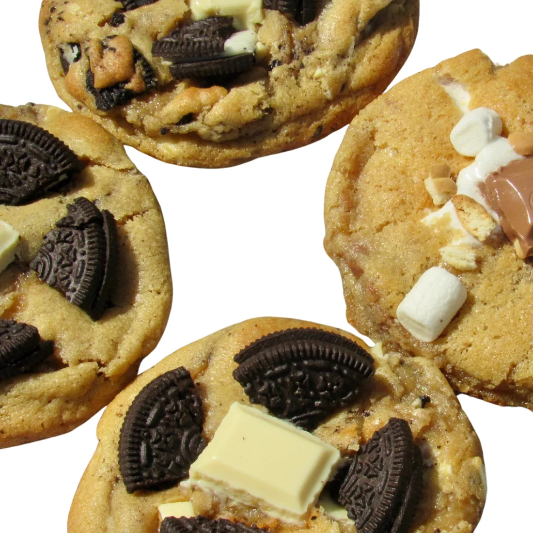 A spread of Cookies and Cream and S'mores cookies